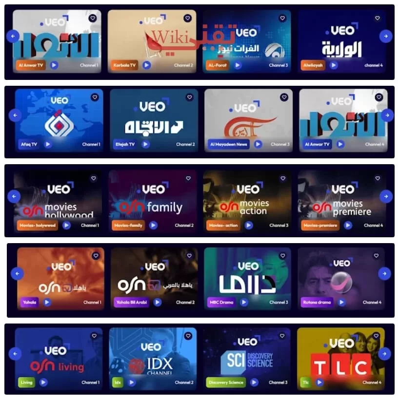 شعار تطبيق Veo Tv مع قائمة القنوات الرياضية والترفيهية المتوفرة