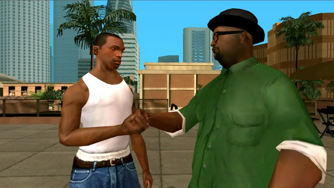 لقطة شاشة من لعبة GTA San Andreas تظهر عصابات متنافسة في مدينة مفتوحة.